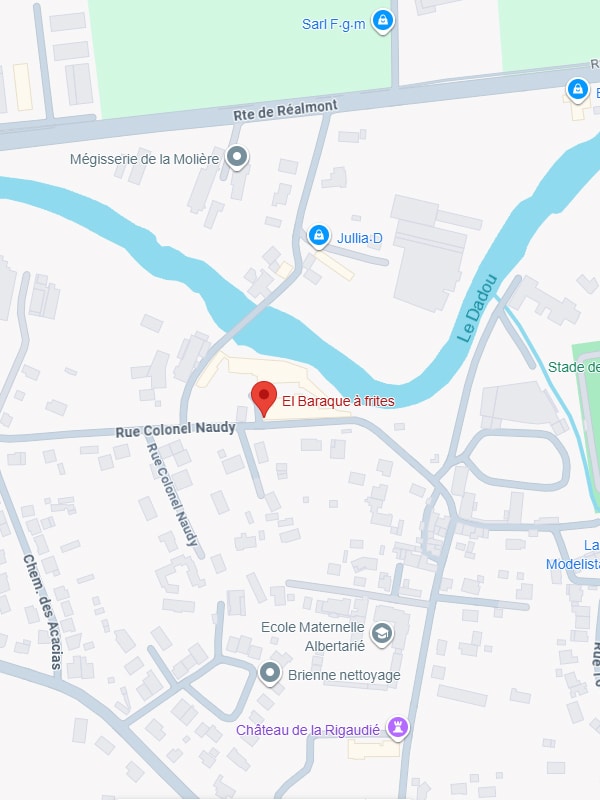 El Baraque à frites : Plan et Itinéraire Rue Colonel Naudy Plan d'accès à El Baraque à frites situé entre le Dadou et la Rue Colonel Naudy.