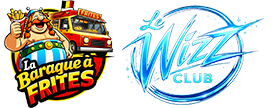 Logos La Baraque à Frites et Le Wizz Club : frites et fête Logos La Baraque à Frites avec personnage gaulois et food truck, et Le Wizz Club bleu électrique.