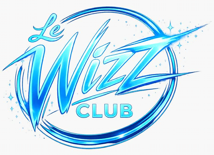 Logo Le Wizz Club bleu dynamique avec étoiles et spirale magique.